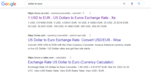 Top ranking pages for the query dollar to euro on Google