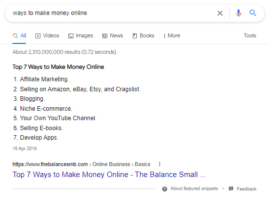 Googles top ranking pages for the query "ways to make money online".