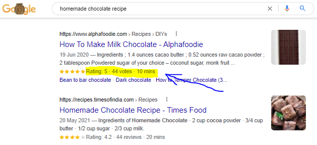 Googles top ranking pages for the query "homemade chocolate recipe".