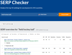 Ahrefs SERP checker result for the keyword field hockey ball on how to find keywords