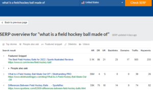 Ahrefs SERP checker result for the query "what is a field hockey ball made of" on how to find keywords 