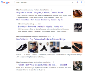 Google's top-ranking pages for the query men’s foot wears