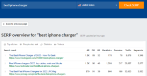 SERP overview for “best iPhone charger” on determining ranking difficulty for a keyword
