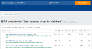 SERP overview for “best running shoe for children” on determining ranking difficulty for a keyword