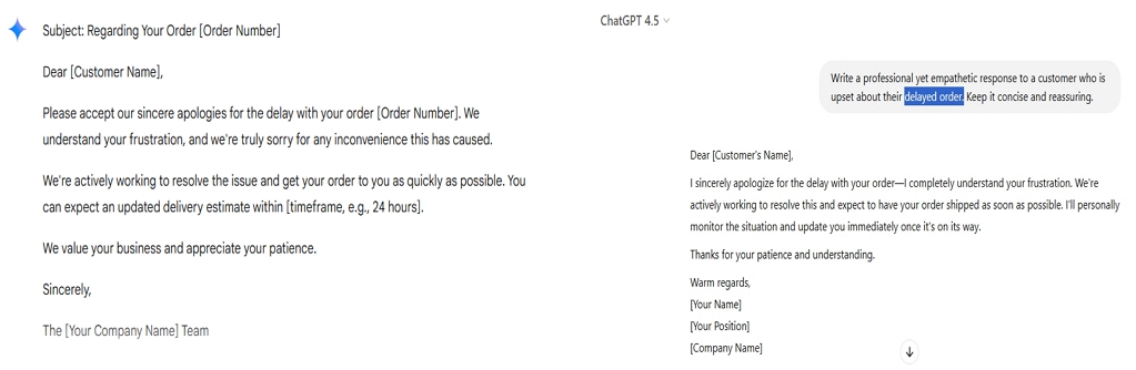 Screenshot comparing outputs from Gemini 2.0 and GPT 4.5, both showing professional and empathetic responses drafted for a customer concerned about their delayed order.