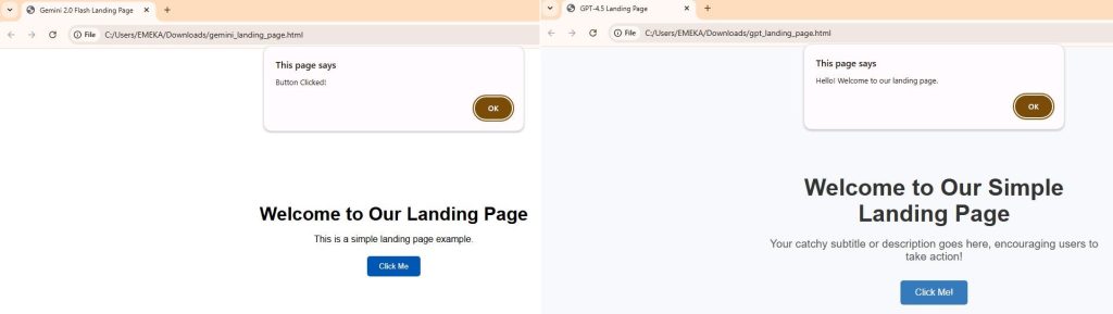 Screenshot comparing results of landing page code written by GPT 4.5 and Gemini 2.0, both simple landing pages with HTML, CSS, and JavaScript, featuring a centered headline, subheading, and an alert-triggering button.