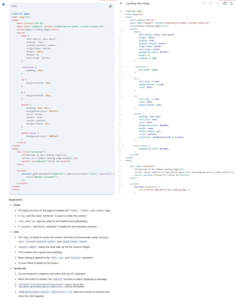 Screenshot comparing outputs from GPT 4.5 and Gemini 2.0, both demonstrating how to create a simple landing page with HTML, CSS, and JavaScript, featuring a centered headline, subheading, and an alert-triggering button.