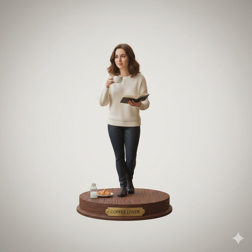 Stylized 3D figurine version of a woman holding a cup and book, showing Nano Banana’s popular miniature figurine effect while preserving likeness.