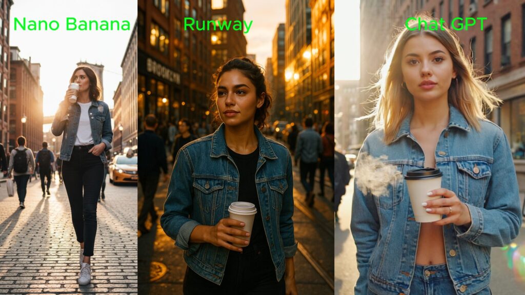 Comparison grid of a confident young woman in a denim jacket holding a coffee cup on a Brooklyn street at golden hour, generated by Nano Banana, Runway, and ChatGPT.