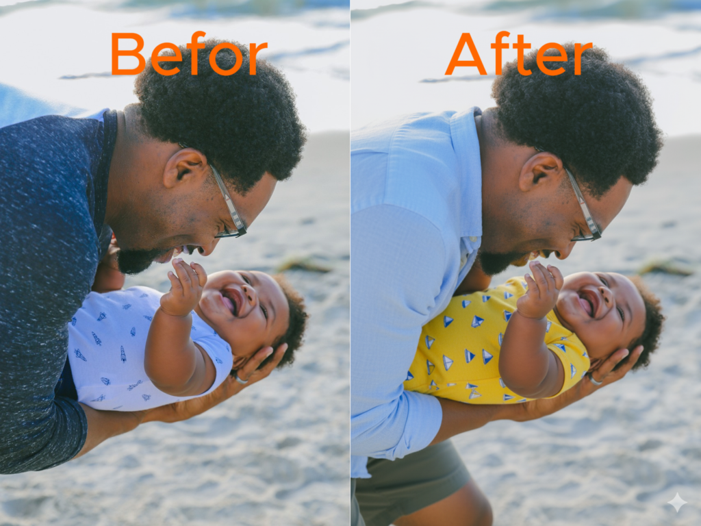 Side-by-side images of Father holding baby with identical facial features but different outfits, demonstrating Nano Banana’s consistency across edits.