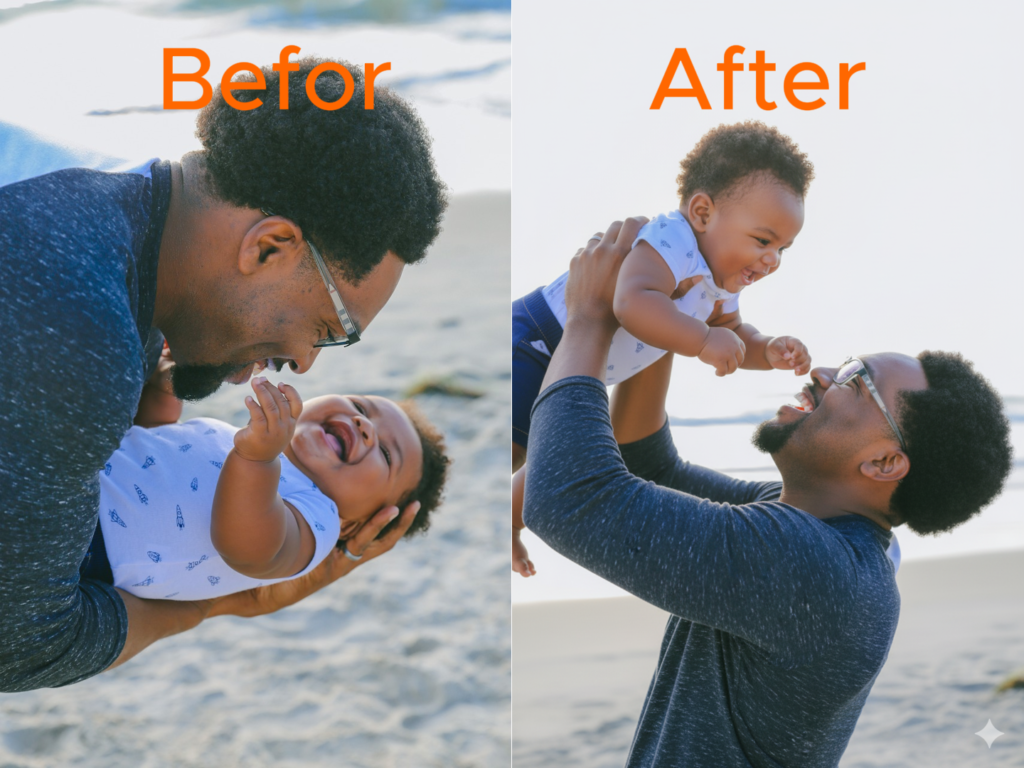Side-by-side images of Father holding baby with identical facial features but different pose, demonstrating Nano Banana’s consistency across edits.