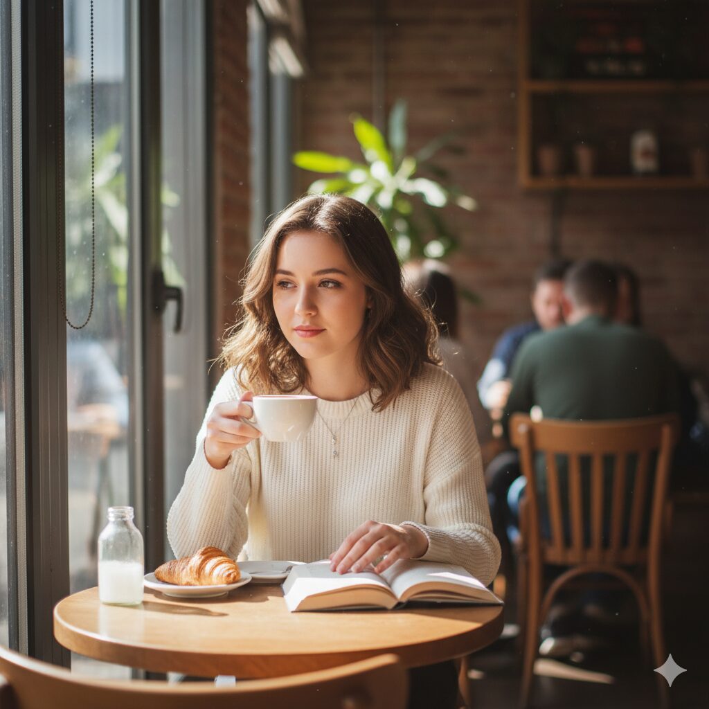 AI-generated portrait of a young woman sitting in a café during the morning, showing Nano Banana’s baseline image quality.