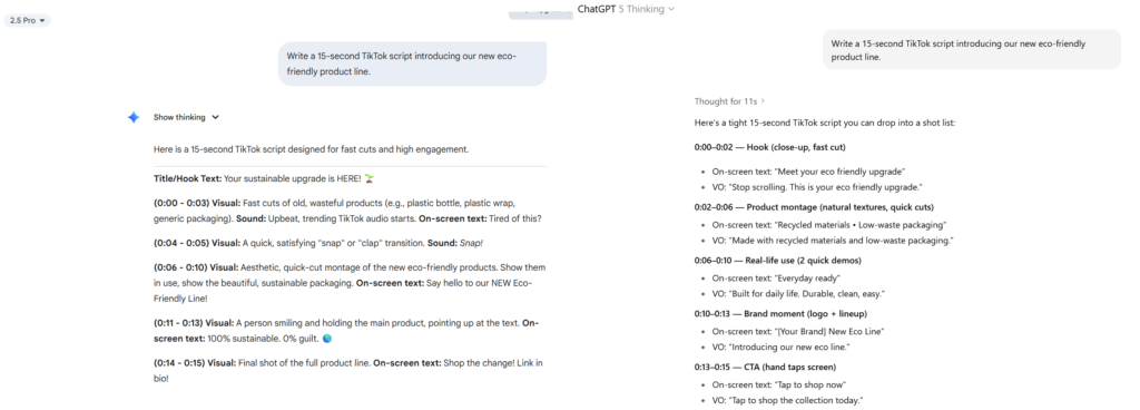 Side by side screenshots of ChatGPT vs Gemini producing a 15 second TikTok script introducing a new eco friendly product line.