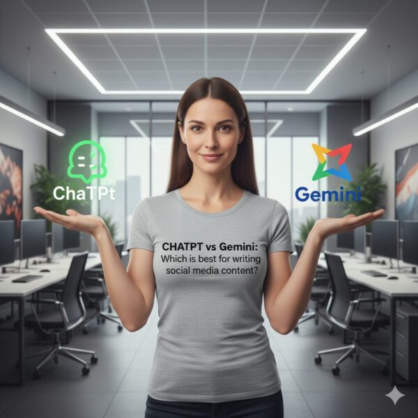 Confident 35-year-old woman in a bright, glass-walled tech office holds the ChatGPT logo on her right palm and the Google Gemini logo on her left. Her T-shirt reads ‘ChatGPT vs Gemini Which is best for writing social media content’ Desks and computers in the background.