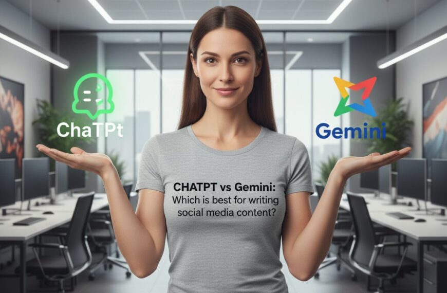 Confident 35-year-old woman in a bright, glass-walled tech office holds the ChatGPT logo on her right palm and the Google Gemini logo on her left. Her T-shirt reads ‘ChatGPT vs Gemini Which is best for writing social media content’ Desks and computers in the background.