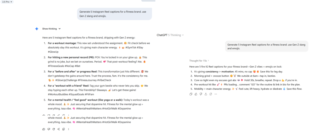 Side by side screenshots of ChatGPT vs Gemini generating five Instagram Reel captions for a fitness brand using Gen Z slang and emojis.
