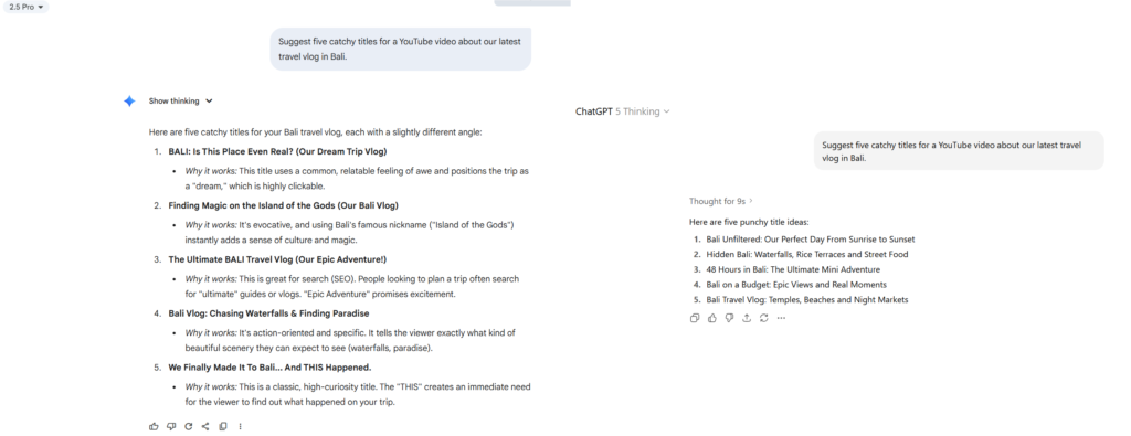 Side by side screenshots of ChatGPT vs Gemini suggesting five catchy YouTube titles for a Bali travel vlog.