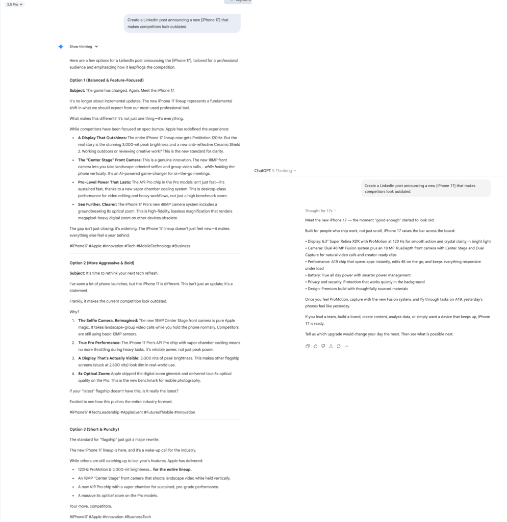 Side by side screenshots of ChatGPT vs Gemini drafting a LinkedIn post announcing the new iPhone 17 and making rival phones look outdated.