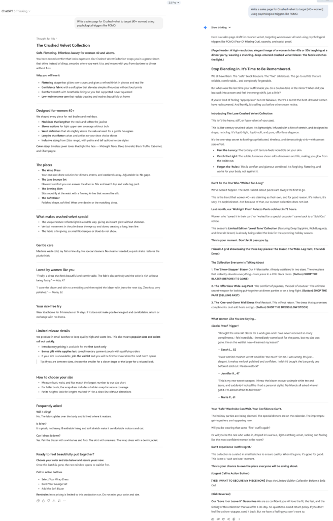 Side by side screenshots of ChatGPT vs Gemini writing a crushed velvet sales page for women over 40 using FOMO driven psychology.