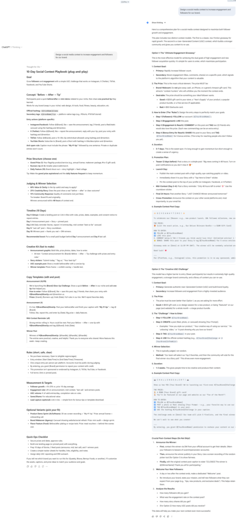 Side by side screenshots of ChatGPT vs Gemini designing a social media contest to increase engagement and followers for the brand.