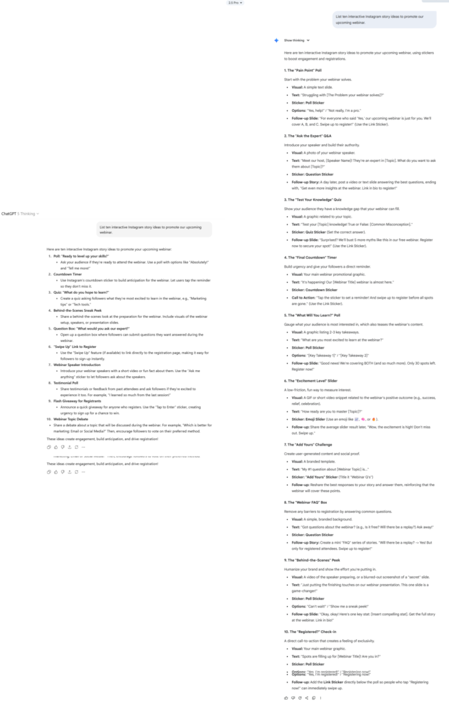 Side by side screenshots of ChatGPT vs Gemini listing ten interactive Instagram Story ideas to promote an upcoming webinar.