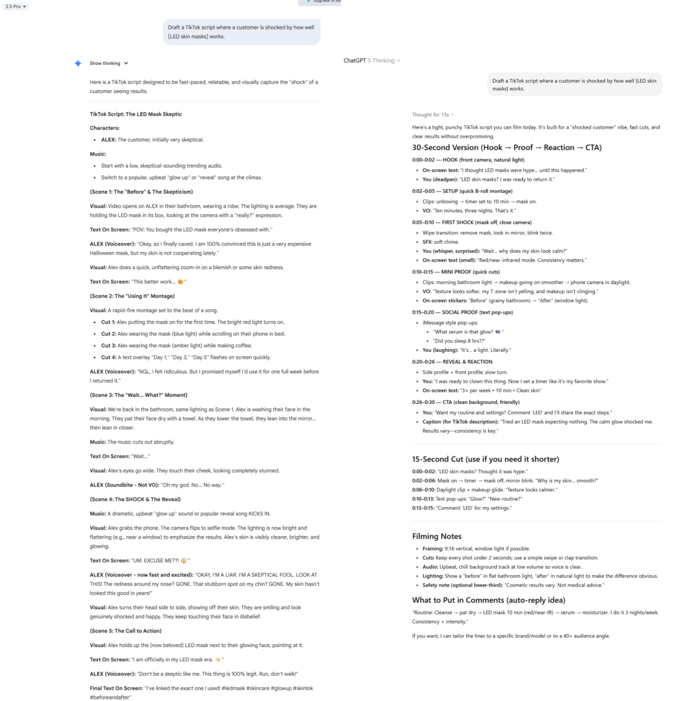 Side by side screenshots of ChatGPT vs Gemini writing a TikTok script where a customer is shocked by how well LED skin masks work.